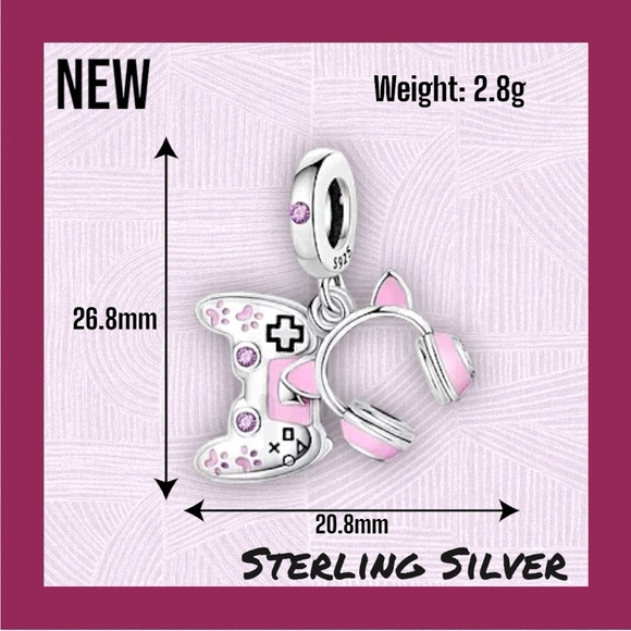 New Game Girl Charm Kitty Headset & Controller Design .925 Sterling Silver Charm - Picture 4 of 4